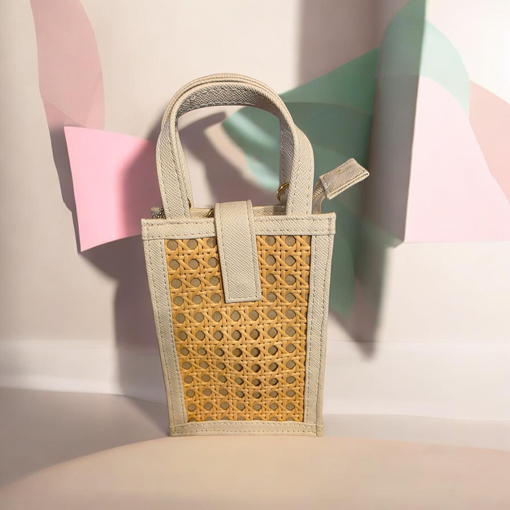 Woven Rattan Tote Bag with Cream Trim
